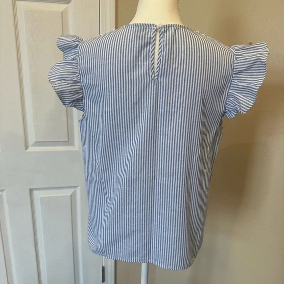 SHEIN Blue White Striped Lace Blouse Cottagecore Flutter Sleeve Boho Top Large - Picture 6 of 7